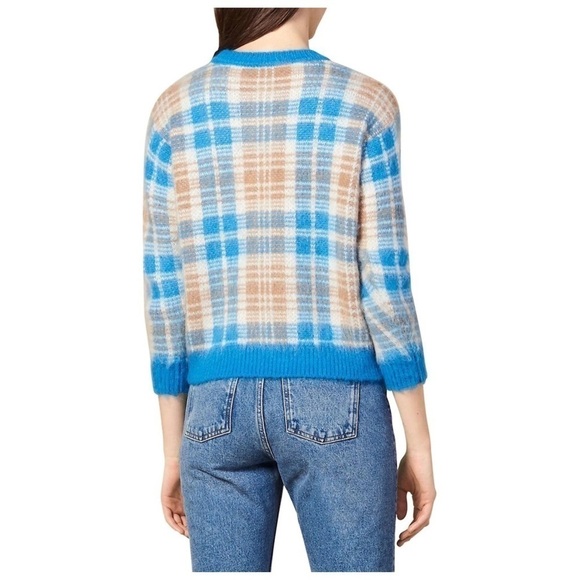 SANDRO Poesa Plaid Crew Neck Sweater in Ciel - Picture 2 of 12